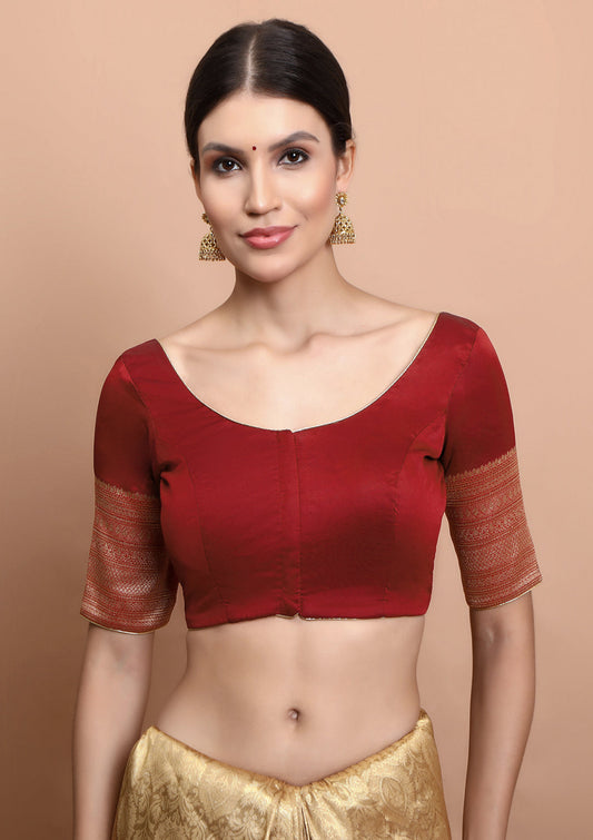 Maroon Silk Round Neck Readymade Blouse