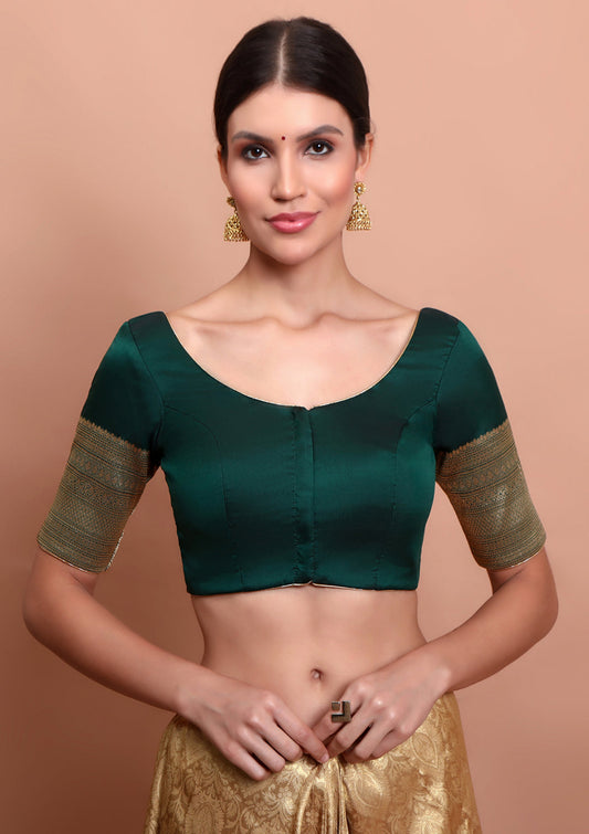 Green Silk Round Neck Readymade Blouse