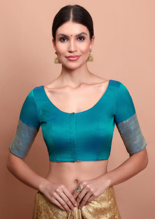 Blue Silk Round Neck Readymade Padded Blouse