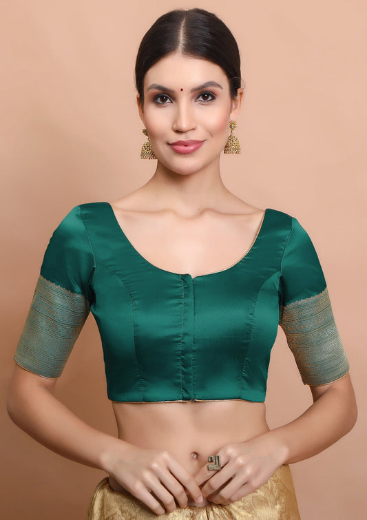 Green Silk Round Neck Readymade Padded Blouse
