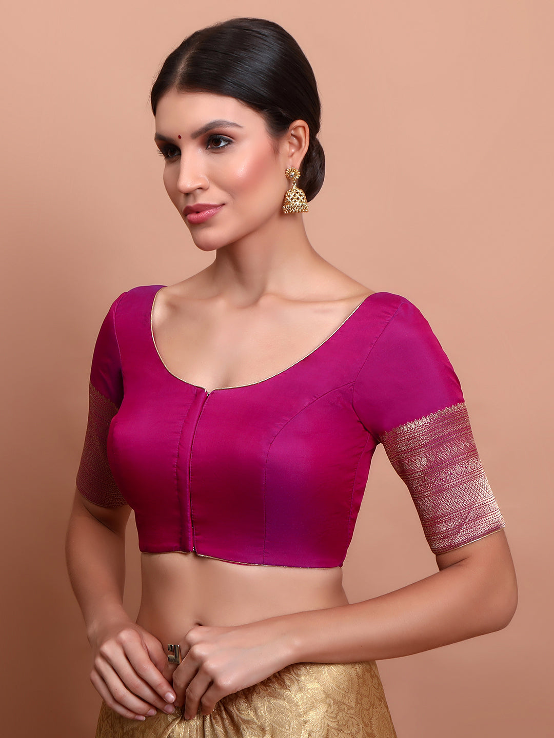 Magenta Silk Round Neck Readymade Padded Blouse