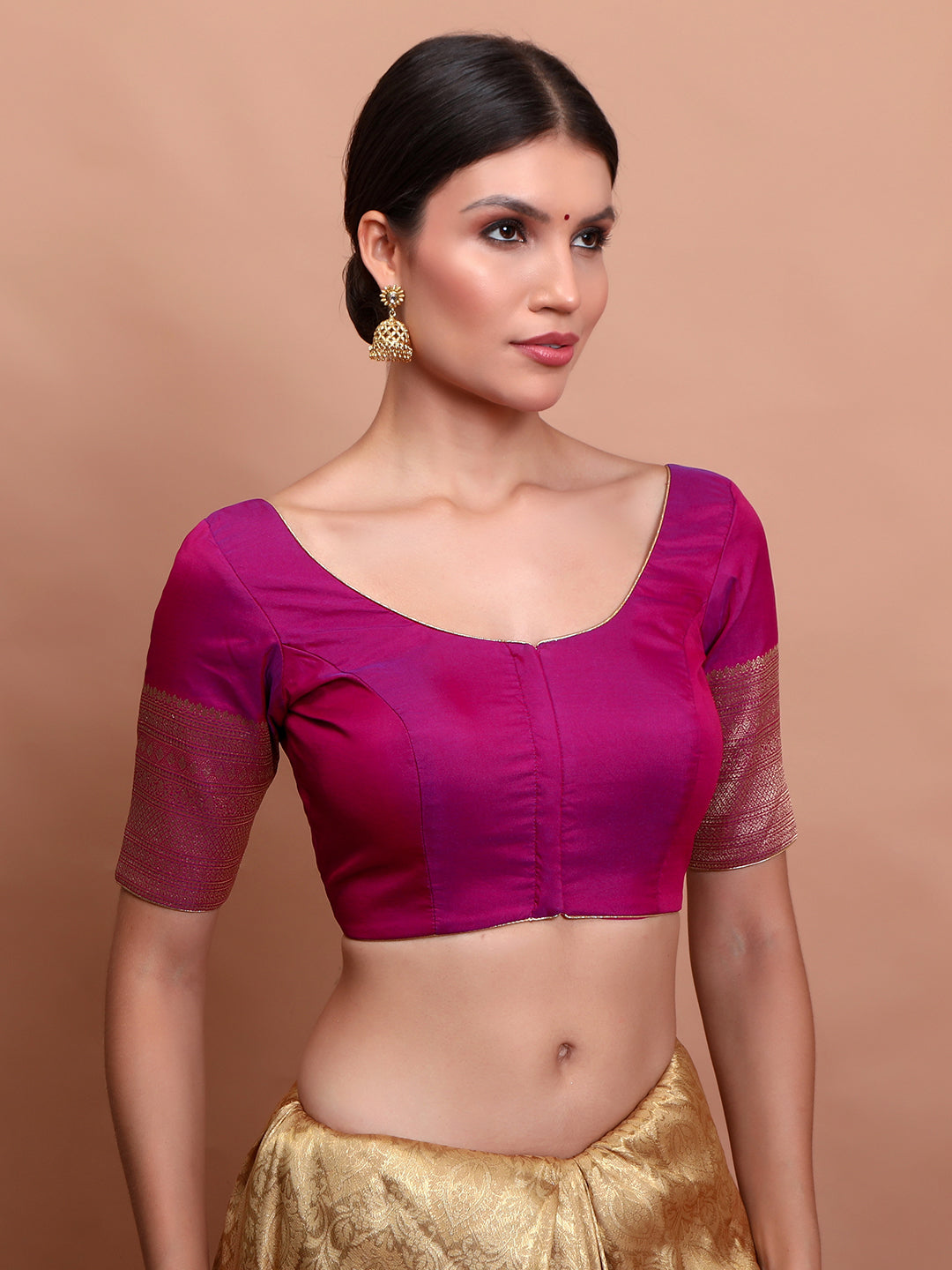 Magenta Silk Round Neck Readymade Padded Blouse