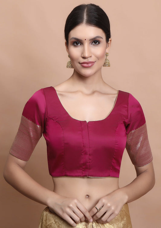 Wine Silk Round Neck Readymade Blouse