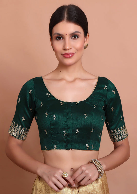 Green Silk Embroidered Round Neck Readymade Blouse