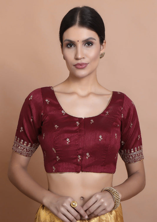 Maroon Silk Embroidered Round Neck Readymade Blouse