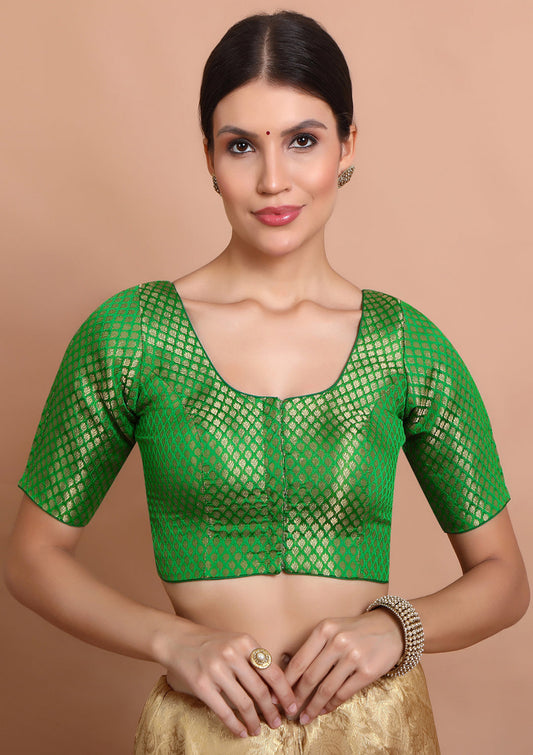 Green Brocade Round Neck Readymade Blouse