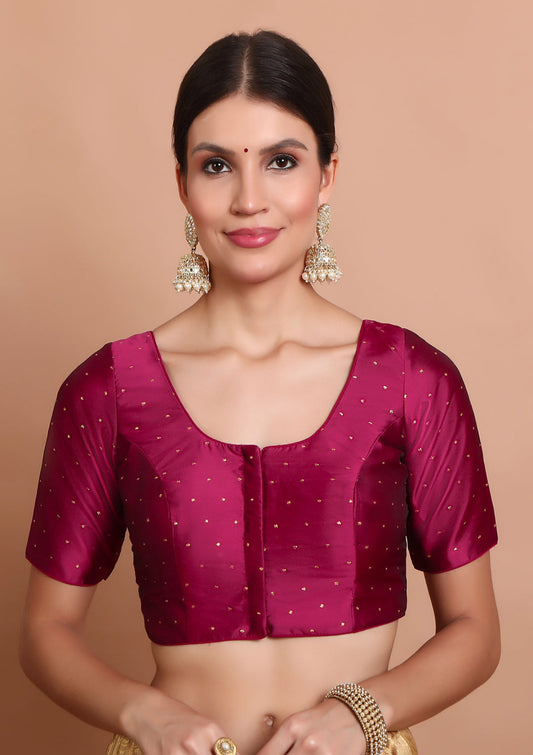 Wine Silk Round Neck Readymade Padded Blouse