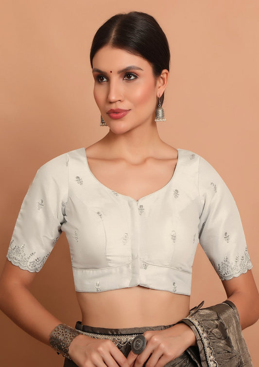 Silver Tissue Embroidered Readymade Blouse