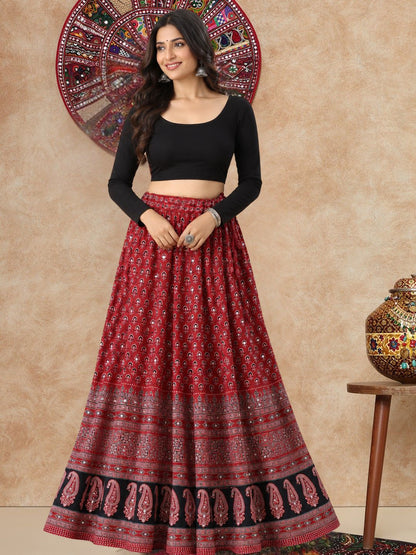 Maroon Ajrakh Mirror Work Garba Cotton Readymade Skirt For Navratri