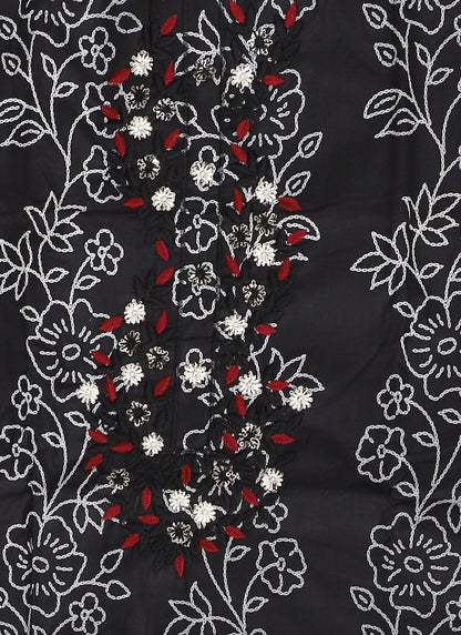 Cotton Embroidered Black Unstitched Dress Material With Dupatta