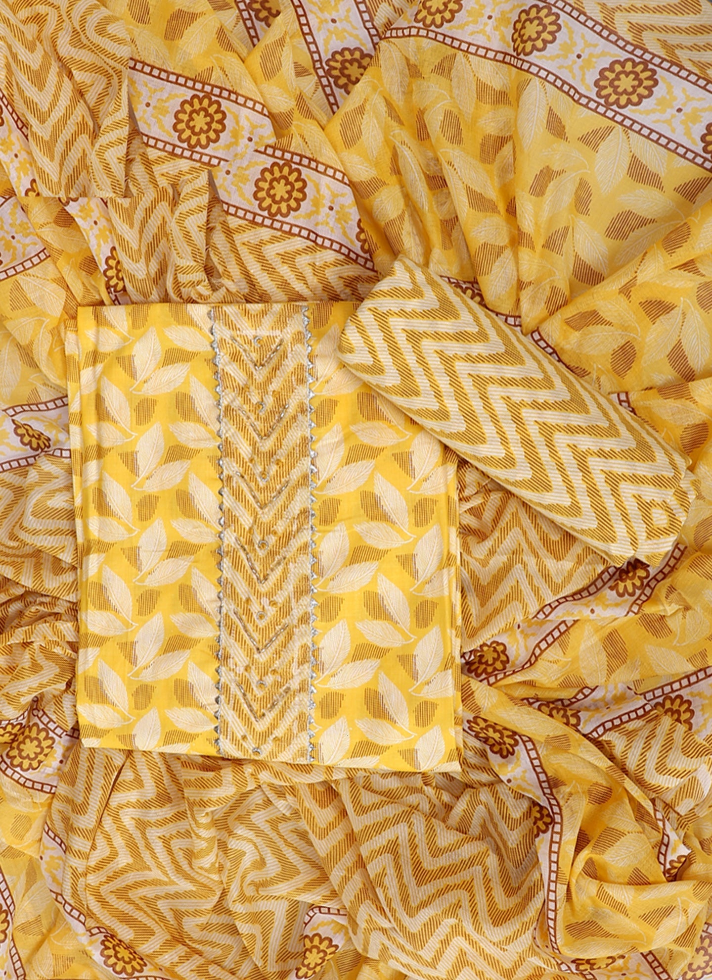 Yellow Printed Cotton Unstitched Dress Material