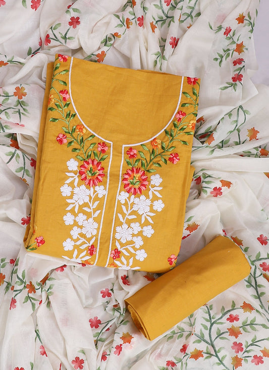 Cotton Embroidered Yellow Unstitched Dress Material With Dupatta