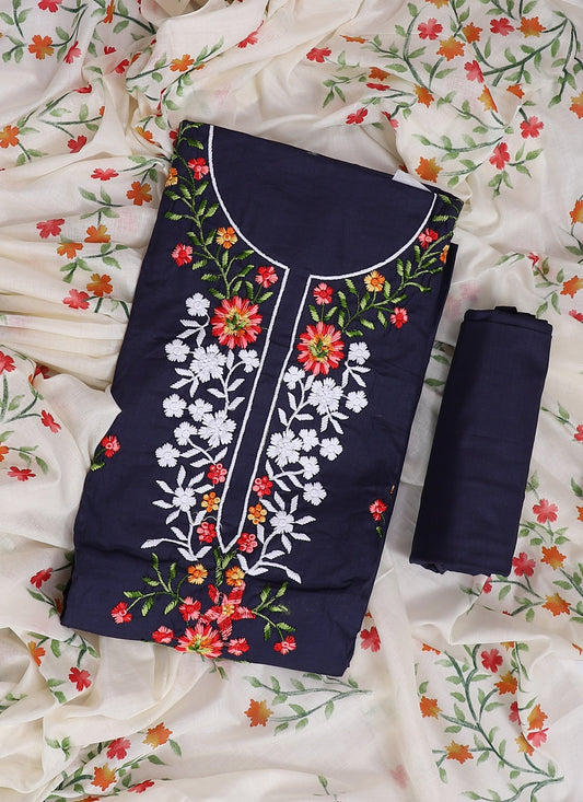 Cotton Embroidered Blue Unstitched Dress Material With Dupatta