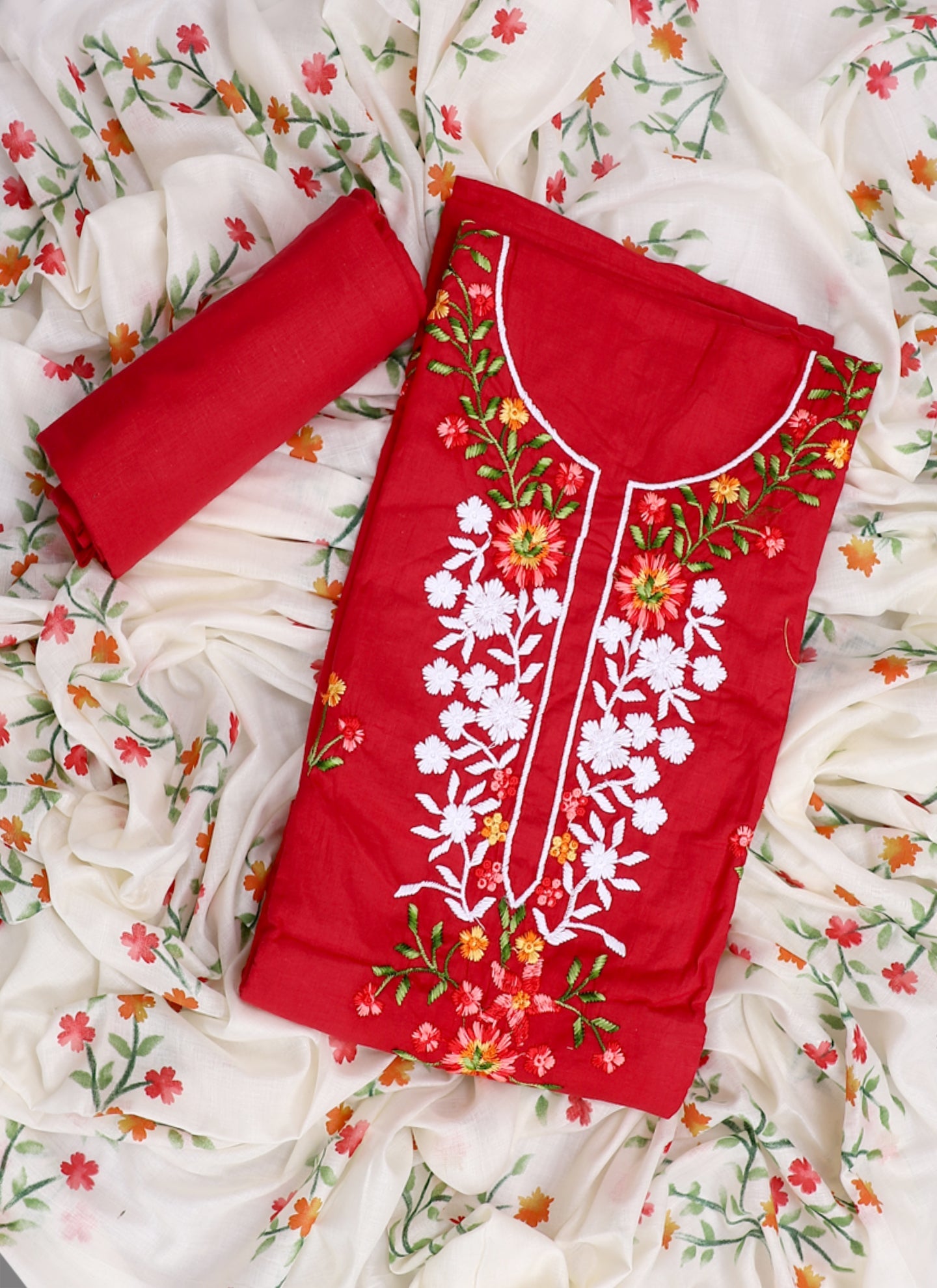 Red Embroidered Unstitched Dress Material