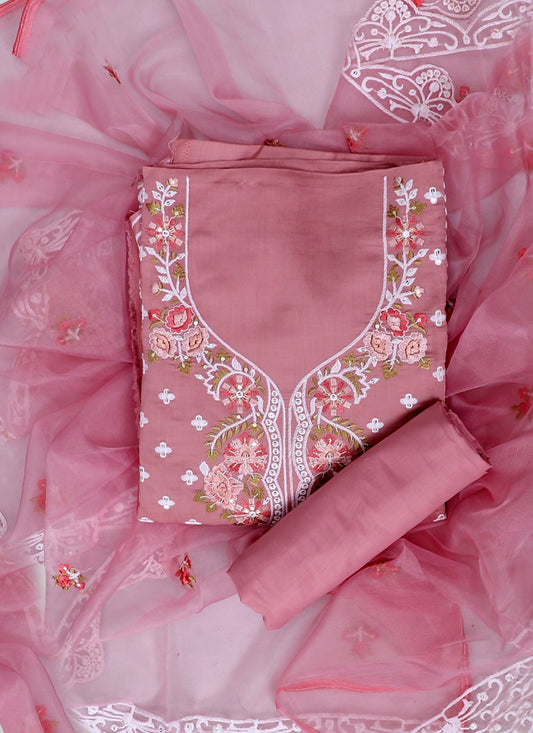 Cotton Embroidered Pink Unstitched Dress Material With Dupatta