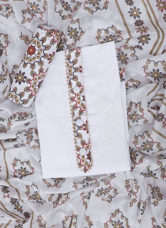 Cotton Embroidered White Unstitched Dress Material With Dupatta