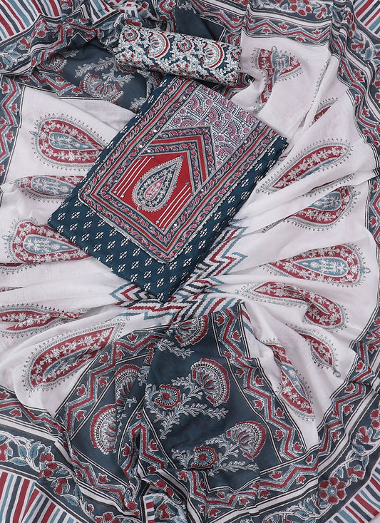 Blue and White Printed Floral Block Print Cotton Unstitched Dress Material