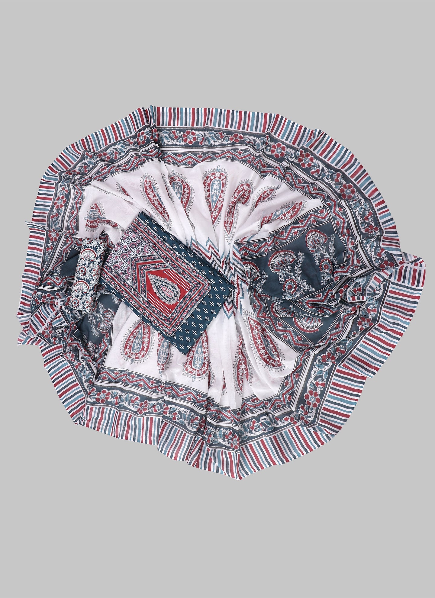 Blue and White Printed Floral Block Print Cotton Unstitched Dress Material