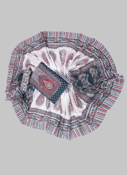 Blue and White Printed Floral Block Print Cotton Unstitched Dress Material