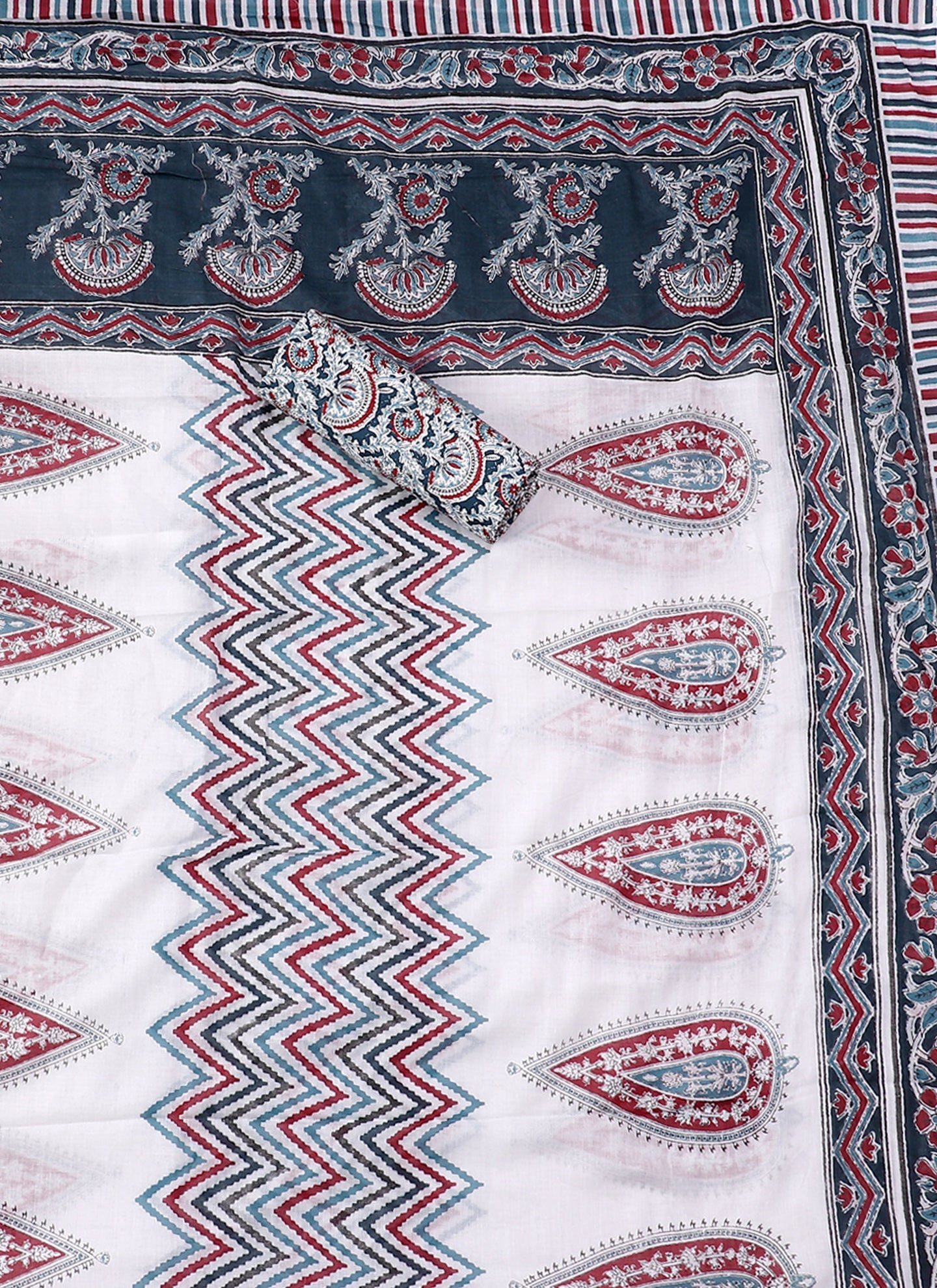 Blue and White Printed Floral Block Print Cotton Unstitched Dress Material