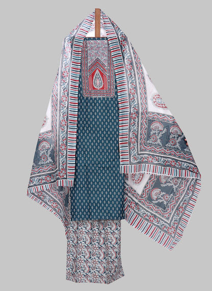 Blue and White Printed Floral Block Print Cotton Unstitched Dress Material