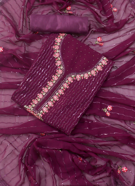 Georgette Embellished Purple Unstitched Dress Material With Dupatta