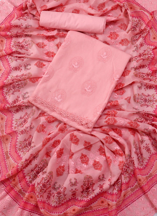 Cotton Embroidered Pink Unstitched Dress Material With Dupatta