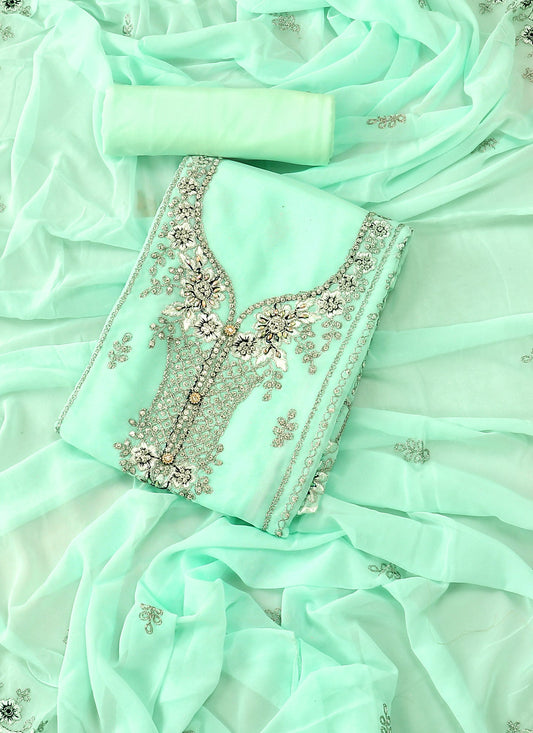 Georgette Embellished Green Unstitched Salwar Dress Material With Dupatta