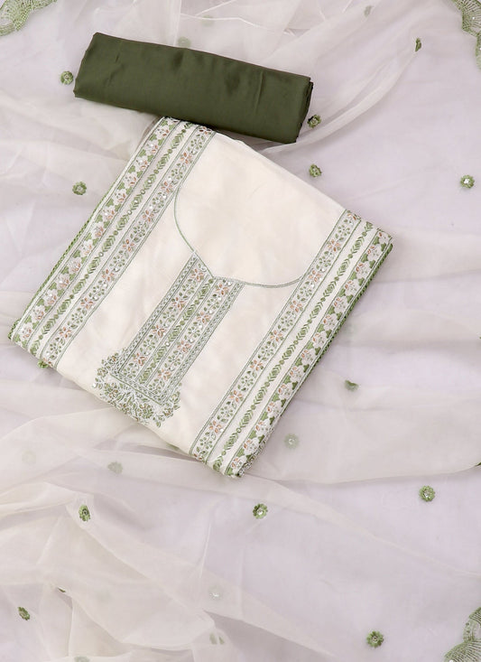 Silk Embroidered Green & White Unstitched Dress Material With Dupatta