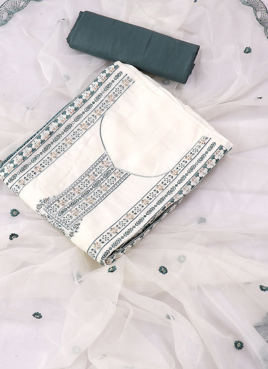 Silk Embroidered White & Blue Unstitched Dress Material With Dupatta