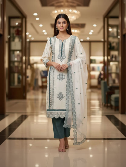 Silk Embroidered White & Blue Unstitched Dress Material With Dupatta