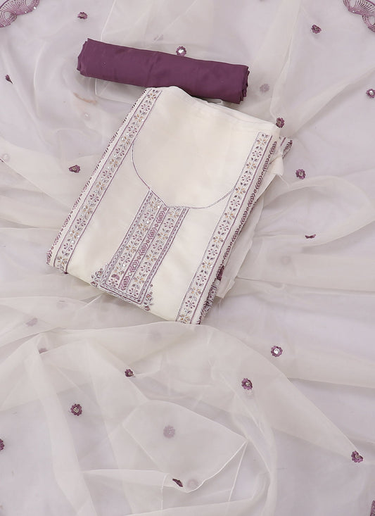 Silk Embroidered White & Purple Unstitched Dress Material With Dupatta