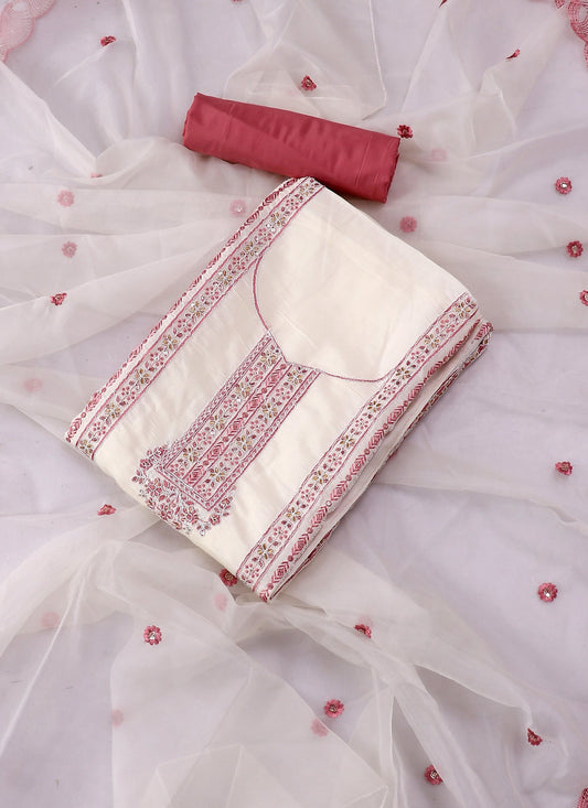 Silk Embroidered Pink & White Unstitched Dress Material With Dupatta