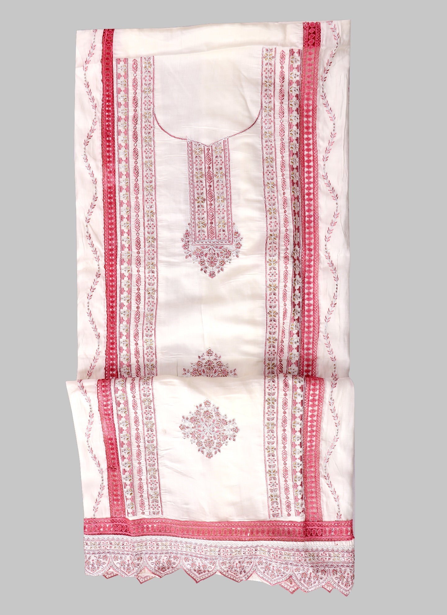 Silk Embroidered Pink & White Unstitched Dress Material With Dupatta