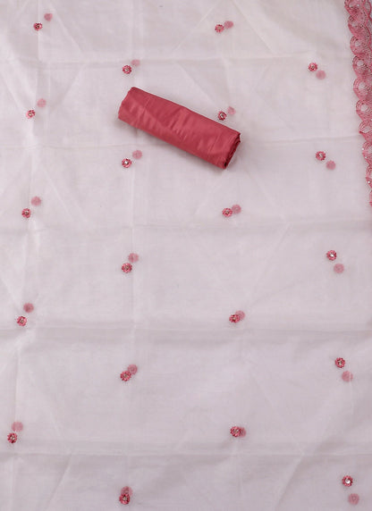 Silk Embroidered Pink & White Unstitched Dress Material With Dupatta