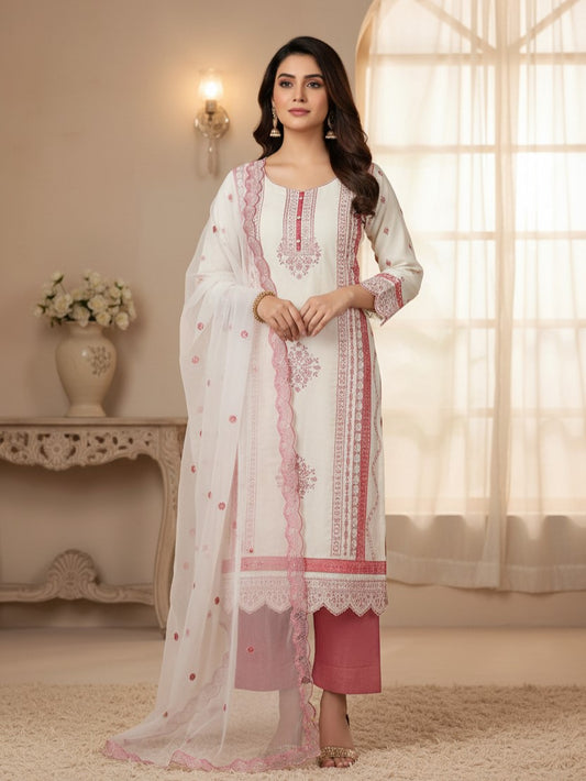 Silk Embroidered Pink & White Unstitched Dress Material With Dupatta