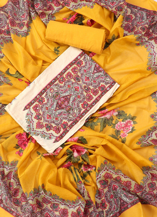 Cotton Printed Yellow & White Unstitched Dress Material With Dupatta