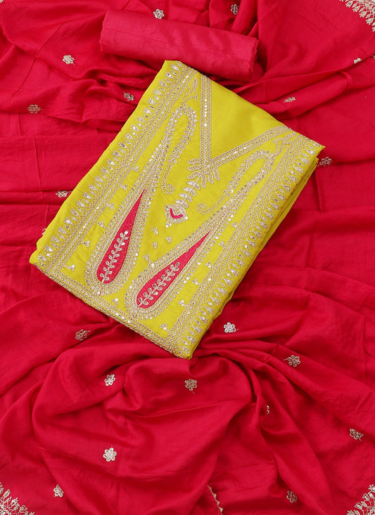 Silk Embroidered Yellow Unstitched Dress Material With Dupatta