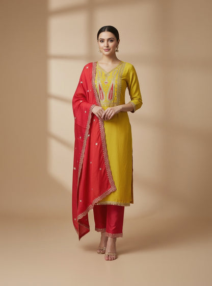 Silk Embroidered Yellow Unstitched Dress Material With Dupatta