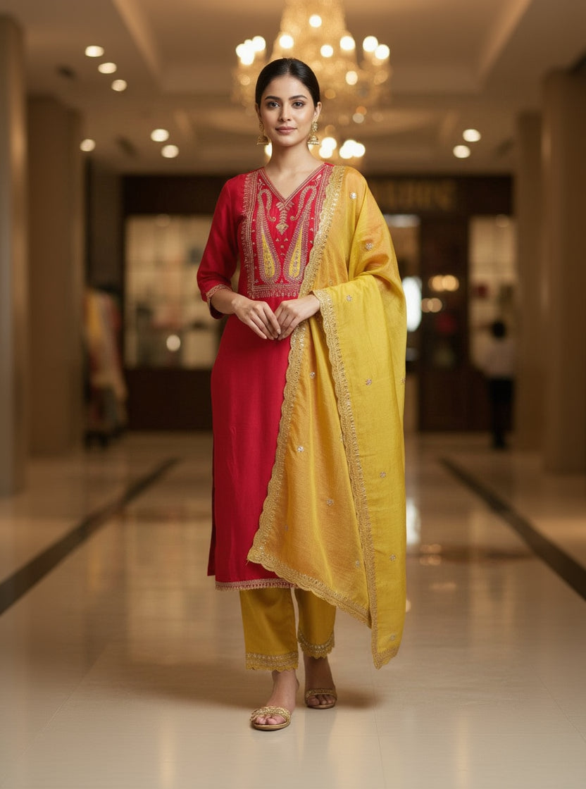 Silk Embroidered Pink Unstitched Dress Material With Dupatta
