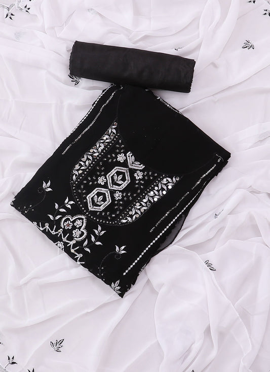 Georgette Embroidered White & Black Unstitched Dress Material With Dupatta