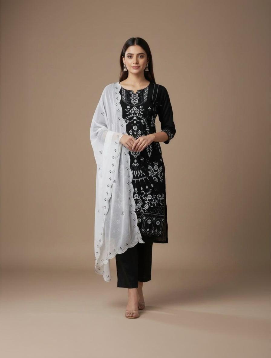 Georgette Embroidered White & Black Unstitched Dress Material With Dupatta