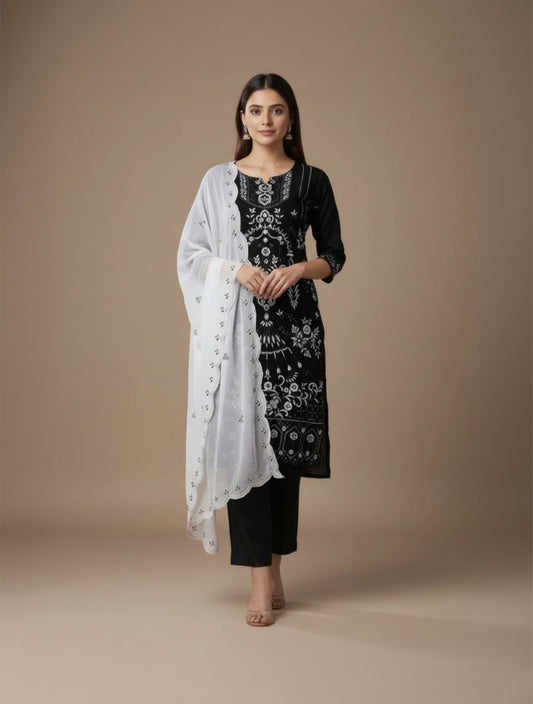 Georgette Embroidered White & Black Unstitched Dress Material With Dupatta