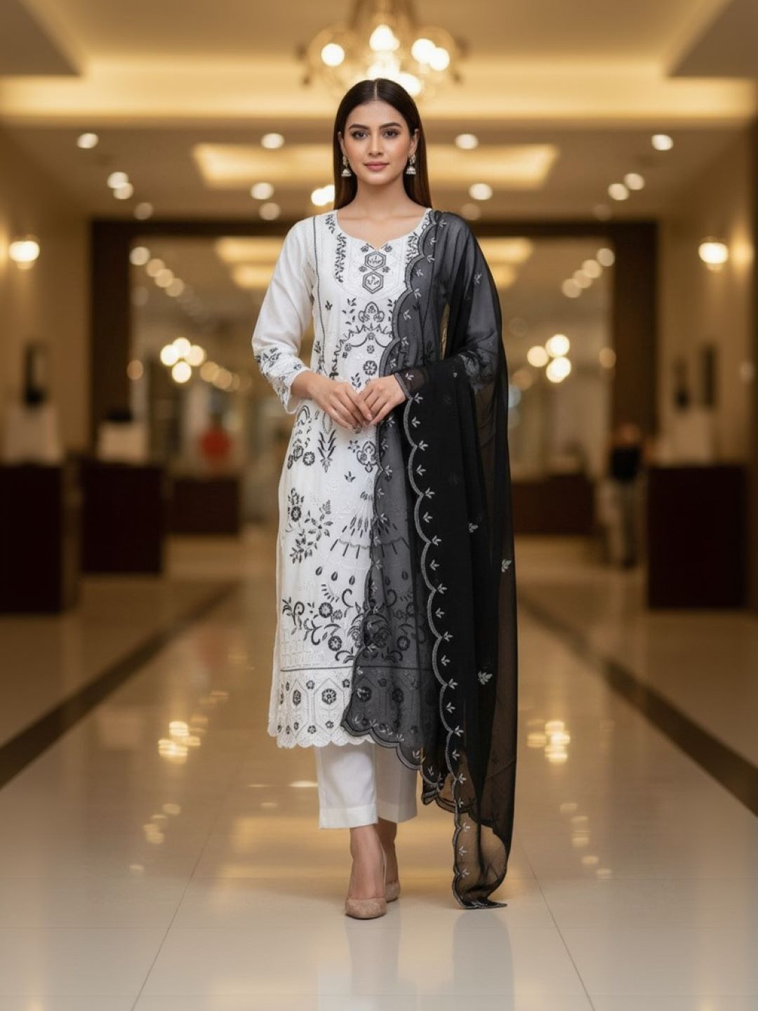 White and Black Embroidered Floral Georgette Unstitched Dress Material