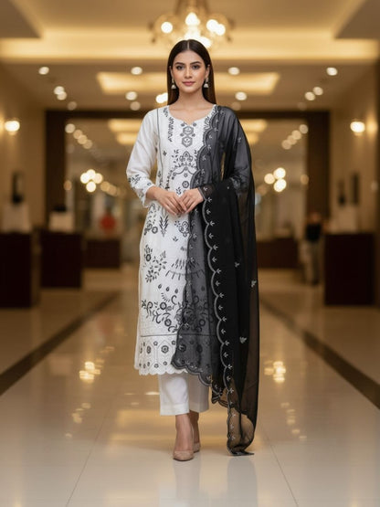 White and Black Embroidered Floral Georgette Unstitched Dress Material