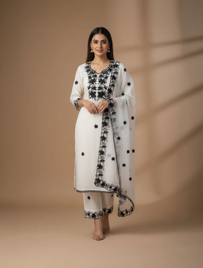 Silk Embroidered White Unstitched Salwar Dress Material With Dupatta
