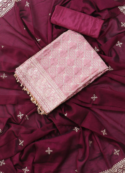 Raw Silk Embellished Pink Unstitched Dress Material With Dupatta