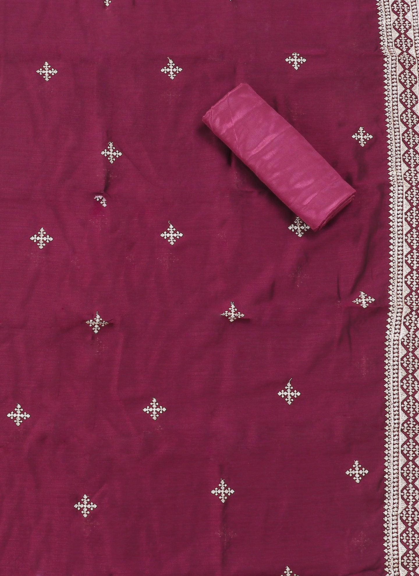 Raw Silk Embellished Pink Unstitched Dress Material With Dupatta