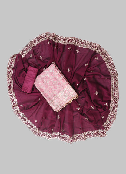 Raw Silk Embellished Pink Unstitched Dress Material With Dupatta