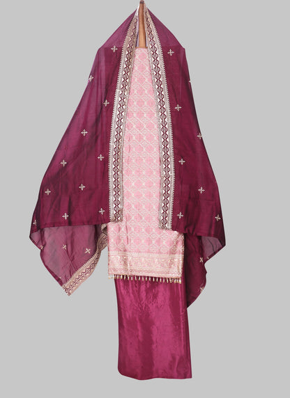 Raw Silk Embellished Pink Unstitched Dress Material With Dupatta